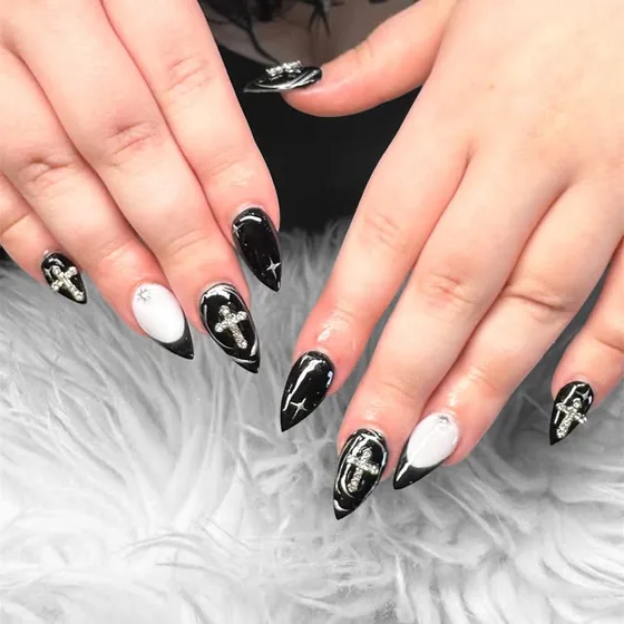 Black and white stiletto set with cross and star art
