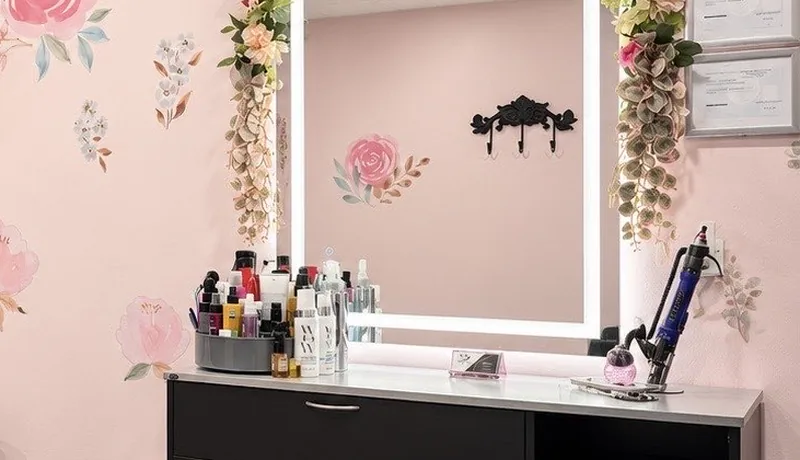 Lit mirror framed with flowers above the styling station