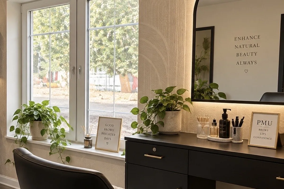 A suite with a lit vanity, mirror and window onto the lot